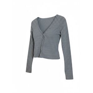 Musera Striped Button Front Long Sleeve Knit Cropped Top Gray White Size Small